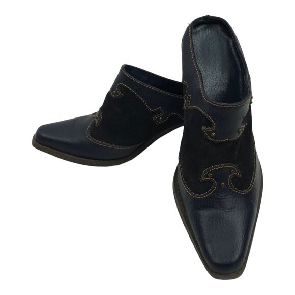 Western Blue Leather Suede Mules Boot Style Clogs Sz 6 Brass Studs Rodeo Slip On - Picture 12 of 12